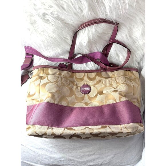 Coach Signature Canvas Tote Bag/Diaper Bag Pink Leather Trim & Shoulder Strap‎ - Picture 1 of 16